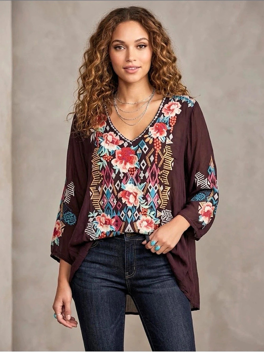 Johnny Was Emmaline Blouse Embroidered Geometric Top